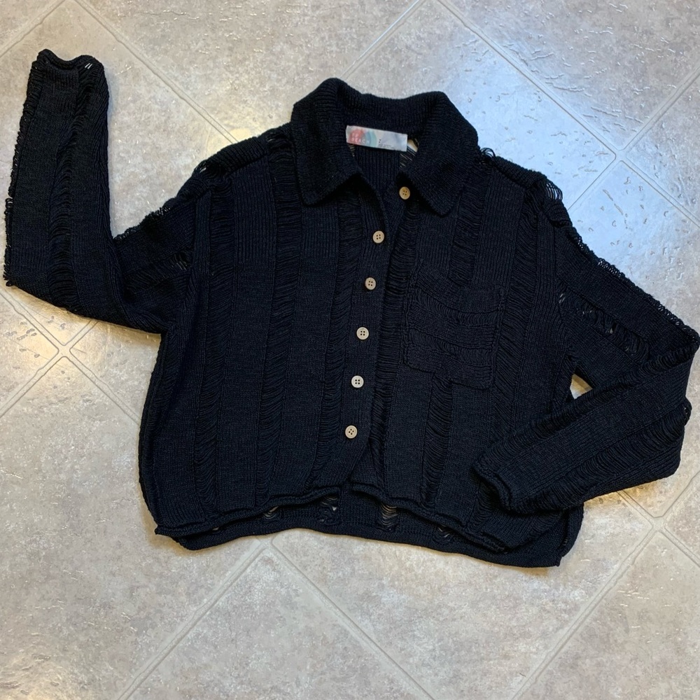 Free People Beach Black Wide-Fit Knit Button Up Cardigan
